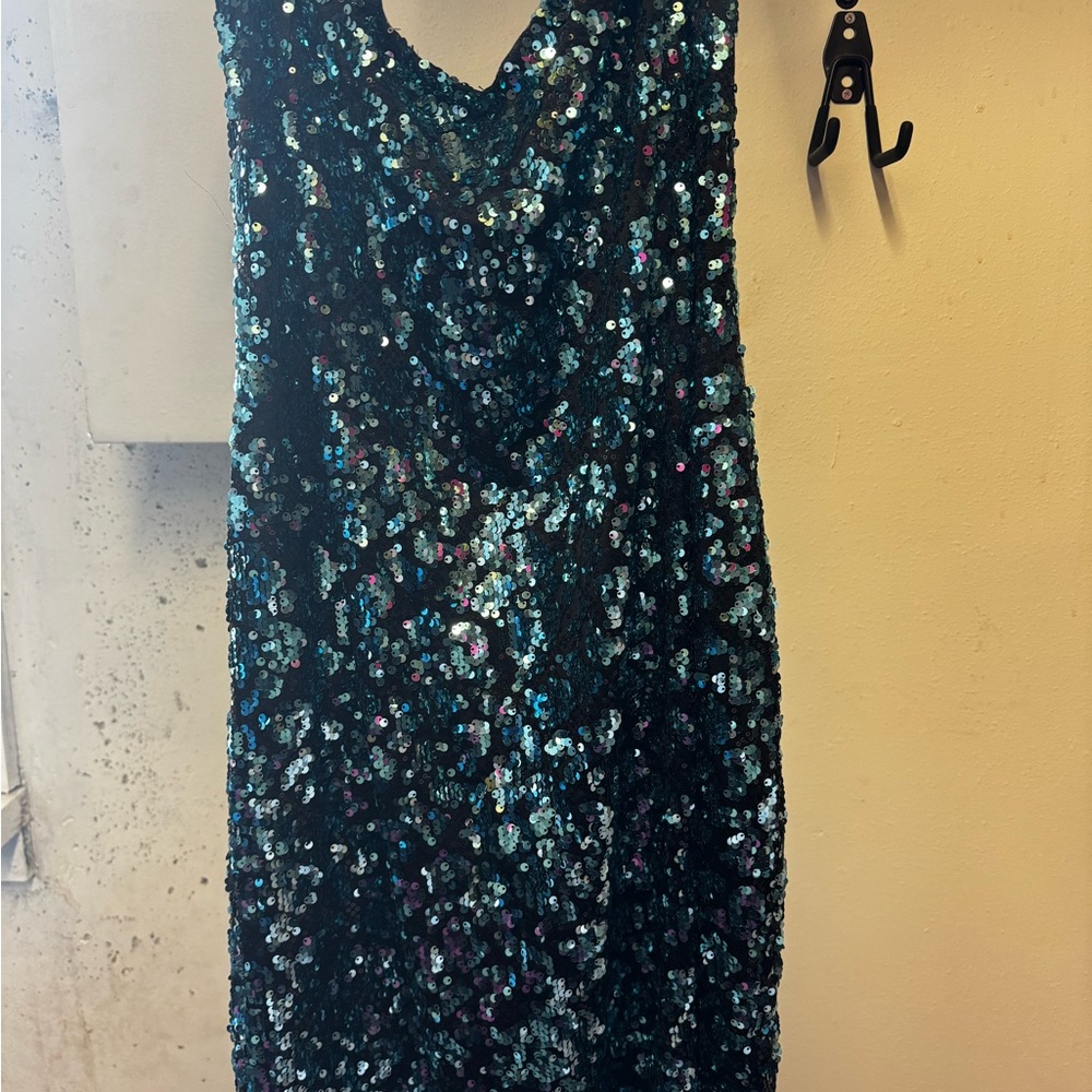 Strapless Black and Blue Sequin Mini Dress